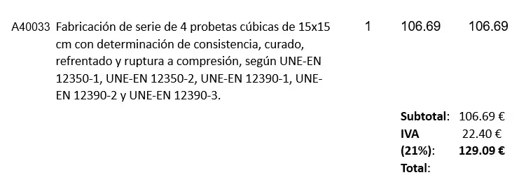 factura probetas hormigon